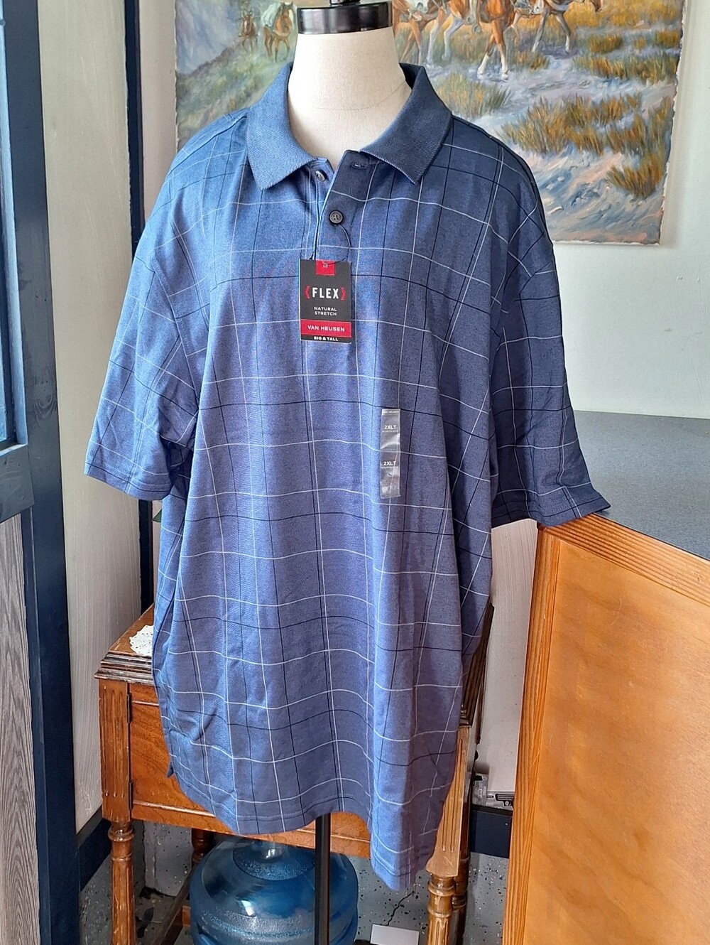 Van Heusen Flex Windowpane Check "Sea Navy" Polo Shirt, 2XL Tall, NWT